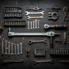 Overhead flat lay of hand tools including wrenches, sockets, torque wrench, and pliers on a dark workbench