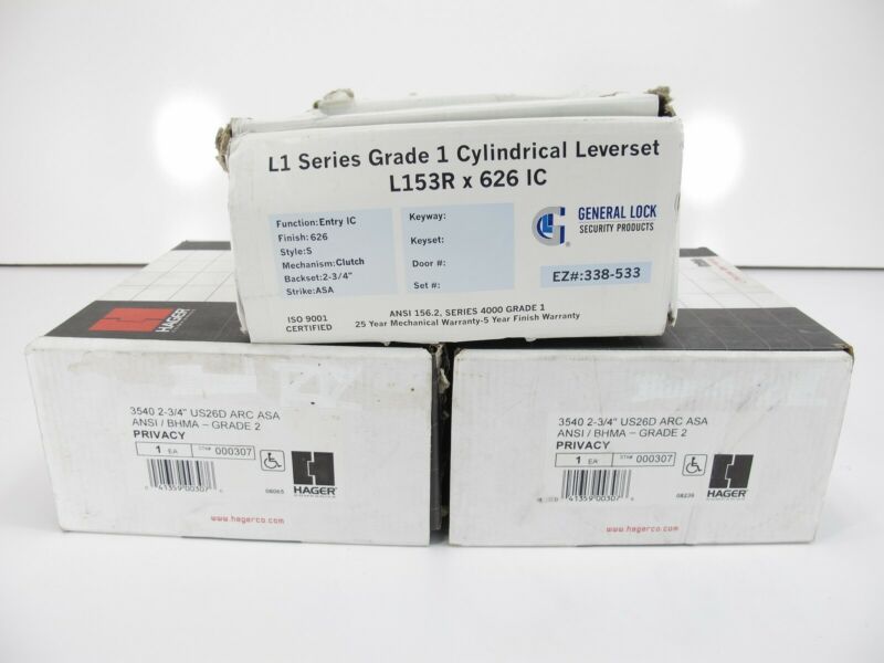 2 Hager 3540 2 - 3/4 & General Lock L1 Series L153R Commerical Privacy Leverset - ZeereeZ