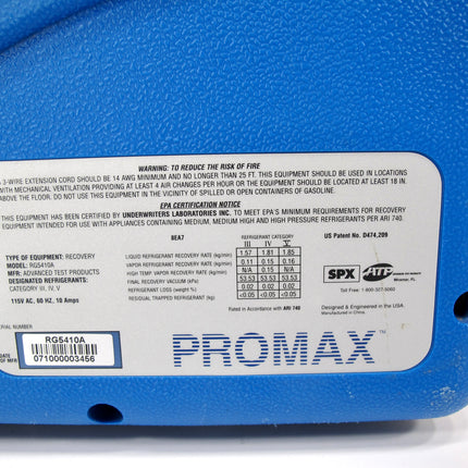 PROMAX RG5410A Air Conditioning Recovery Unit HVAC Freon Refrigerant Tool