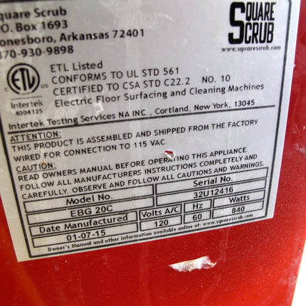 Square Scrub EBG-20/C Pivot Orbital Scrubbing Stripping Polishing Floor Cleaner