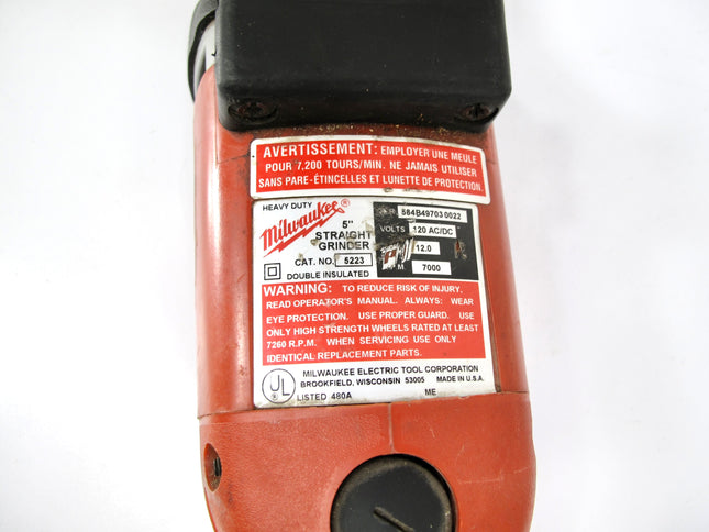 Milwaukee 5223 Straight Grinder Corded Electric 120V 5/8-11 Thread 5"