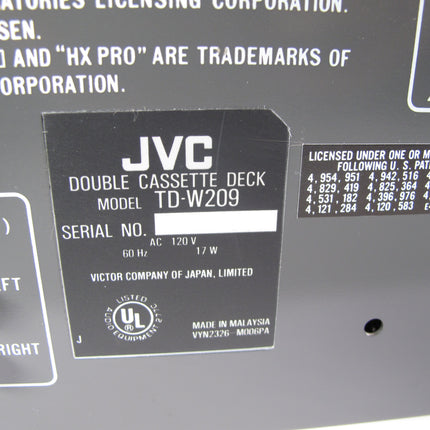 JVC TD-W209 Auto Reverse Double Cassette Deck Dolby B-C NR HX PRO
