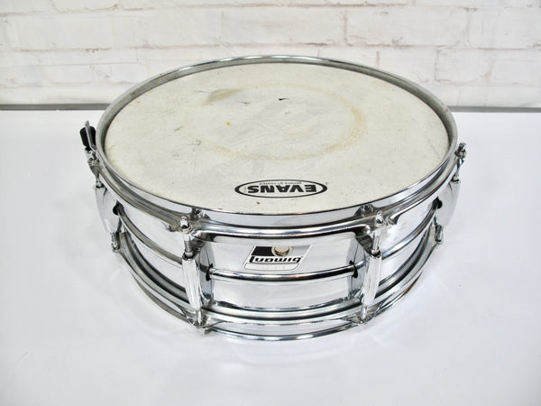 Ludwig Rocker 8 Lug 14’ Black White Badge  Steel Snare Drum 5x14
