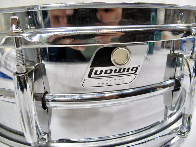 Ludwig Rocker 8 Lug 14’ Black White Badge  Steel Snare Drum 5x14