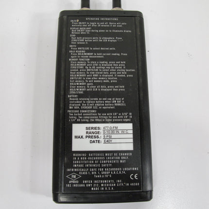 Dwyer Series 477-0-FM Handheld Digital Manometer 477-3-FM0-200.00 in W.C 30 PSI