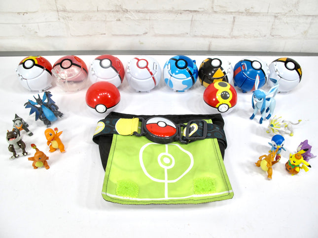 Collection of Pokemon 10 Pokeballs and 11 Figurines with Pouch