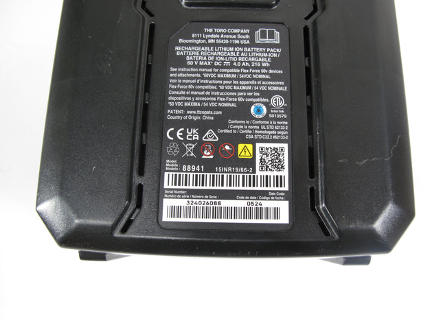 Flex-Force / Toro 88941 Power System 60V MAX 4.0Ah Lithium-Ion Tool Battery Pack