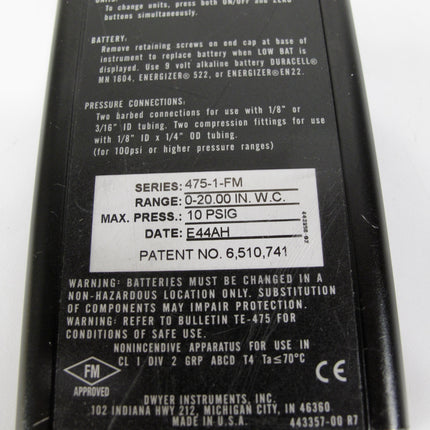 Dwyer 475-1-FM Mark III Handheld Digital Manometer, FM, 0-20" w.c. 10 PSI