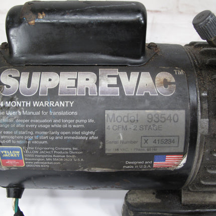 Yellow Jacket 93540 SuperEvac 2 Stage 4CFM Thermal Overload Pump