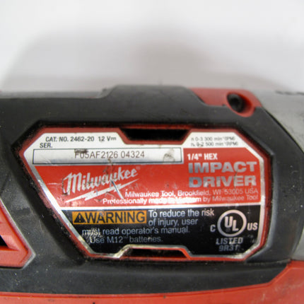 Milwaukee 2462-20 M12 12V Lithium Ion 1/4" Cordless Hex Impact Driver Tool Only