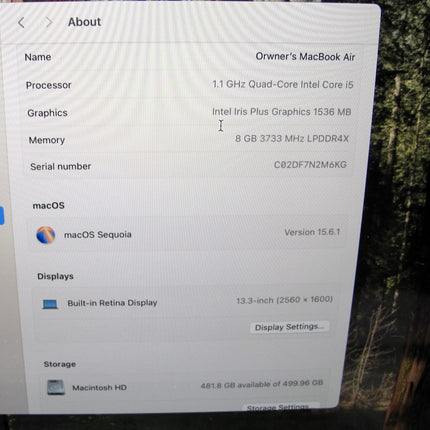 Apple MacBook Air 13” 2020 1.1GHz Intel i5 8GB RAM 512GB SSD A2179 w/ New Battery Inc