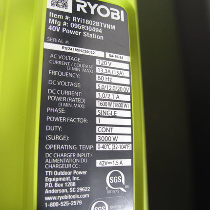 RYOBI 40V 1800-Watt Power Station Lithium Battery Inverter Push Start RYi1802BTVNM