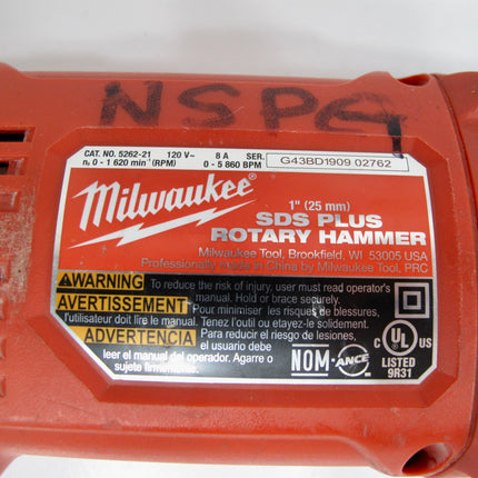 Milwaukee 5262-21 120V 1" SDS Plus Corded D-Handle Rotary Hammer, 8 Amp 1500 RPM