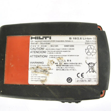 Hilti B 18/2.6 21.6V 2.6 Amp Power Tool Battery