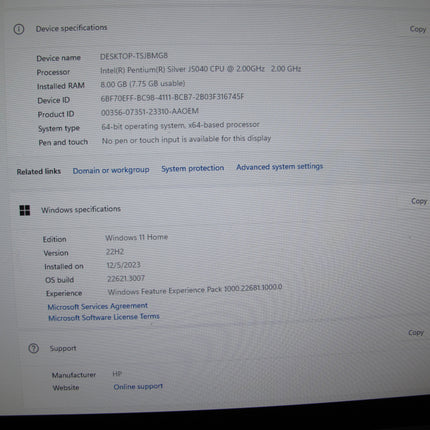 HP 22-dd0153w 128GB Intel J5040 2.00GHz 8GB Win 11 Home All in One Computer