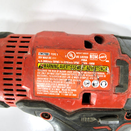 Craftsman CMCF800 V20 MAX 1/4" Hex Cordless Impact Driver Tool