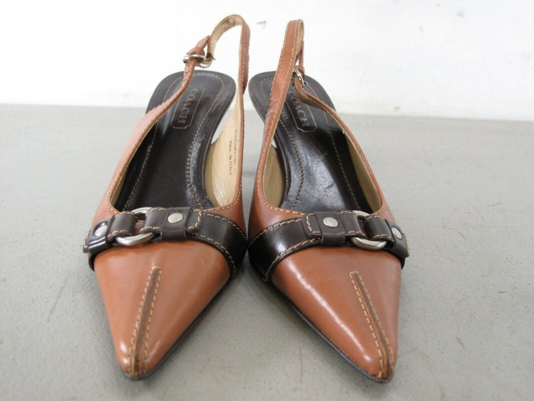 Coach A3429 Angelina Brown Leather Pointy toe Slingback Kitten Heels 6 B Shoes - ZeereeZ