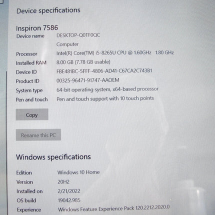 Dell Inspiron 7586 i5 - 8265U 1.60GHz 8GB 256 SSD Win 10 Computer + Tablet - ZeereeZ