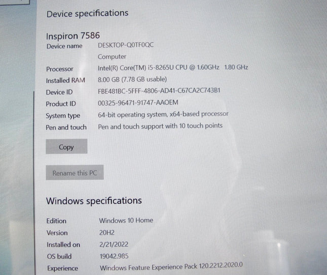 Dell Inspiron 7586 i5 - 8265U 1.60GHz 8GB 256 SSD Win 10 Computer + Tablet - ZeereeZ