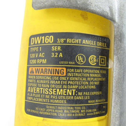 DeWALT DW160 3/8" Heavy Duty VSR Right Angle Drill Driver Tool w/ Key - ZeereeZ