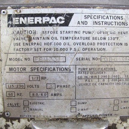 Enerpac Hush Pup EEM31 1/3 HP 10,000PSI 3 Way Valve Hydraulic Pump - ZeereeZ