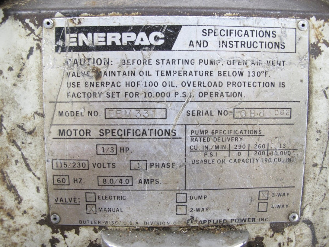 Enerpac Hush Pup EEM31 1/3 HP 10,000PSI 3 Way Valve Hydraulic Pump - ZeereeZ