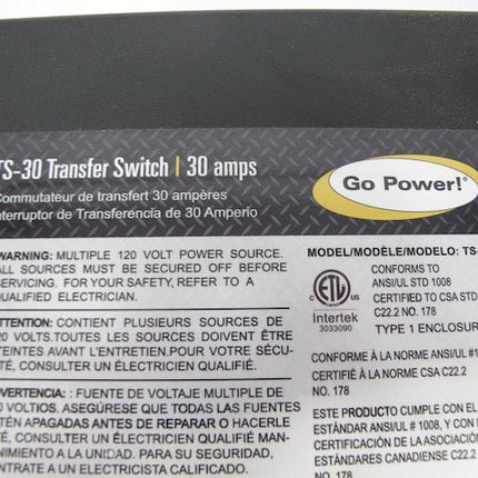 Go - Power TS - 30 30 Amp Automatic RV or Boat Transfer Switch - ZeereeZ