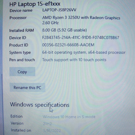 HP 15 - ef1020nr 15” AMD Ryzen 3 2.60GHz 8GB 256GB SSD Win 10 Home Touchscreen - ZeereeZ