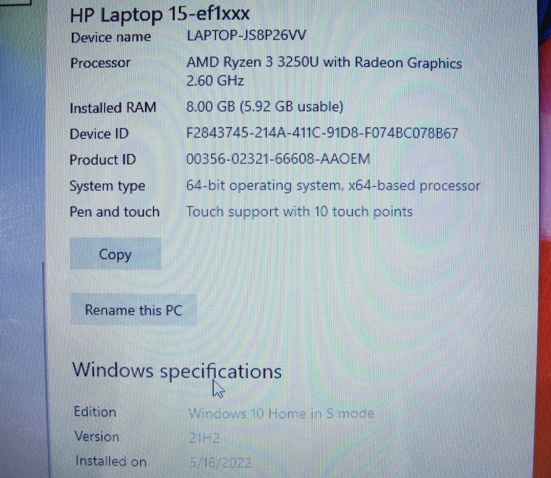 HP 15 - ef1020nr 15” AMD Ryzen 3 2.60GHz 8GB 256GB SSD Win 10 Home Touchscreen - ZeereeZ