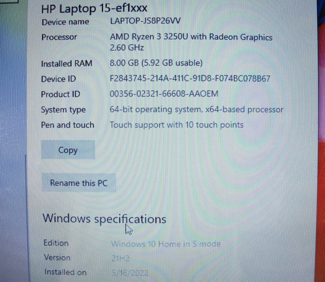HP 15 - ef1020nr 15” AMD Ryzen 3 2.60GHz 8GB 256GB SSD Win 10 Home Touchscreen - ZeereeZ