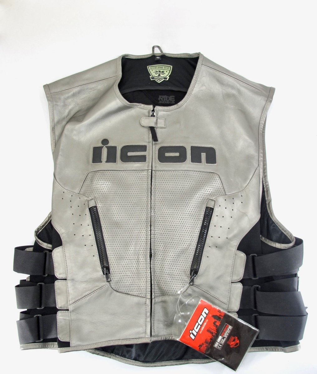 Icon Regulator D30 Leather Black Motorcycle Riding Vest 4XL Grey - ZeereeZ