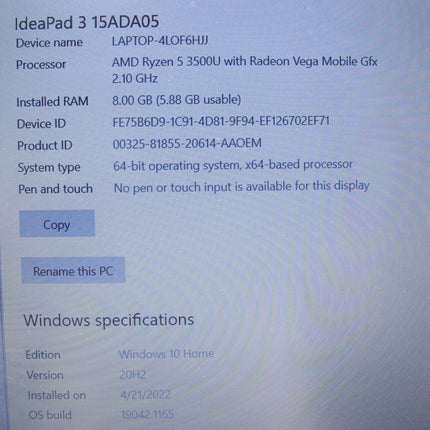 Lenovo IdeaPad 3 AMD Ryzen 5 2.10GHz 256 SSD 8GB 15.6" Win 10 Home Notebook - ZeereeZ