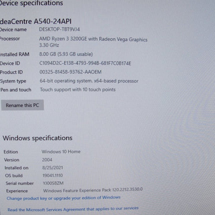 Lenovo Thinkcentre A540 AMD Ryzen 3 3.30GHz 8GB 256GB 23.8" All in One PC - ZeereeZ