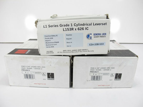 2 Hager 3540 2-3/4  & General Lock L1 Series L153R Commerical Privacy Leverset - Zeereez