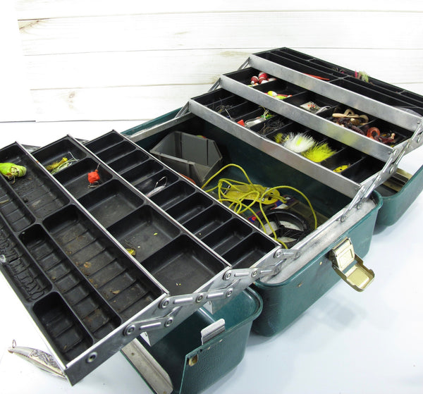 Umco 3060U Vintage 1960s Possum Belly Fishing Tackle Box with Jigs, Bobbers, and Lures