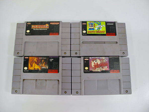 4 Vintage SNES Games Lion King Taz-Mania Pac-Man 2 Buster Busts Loose