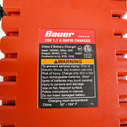 Bauer 1704C-B Rapid Battery Charger HyperMax For Bauer 20V Lithium Ion Batteries
