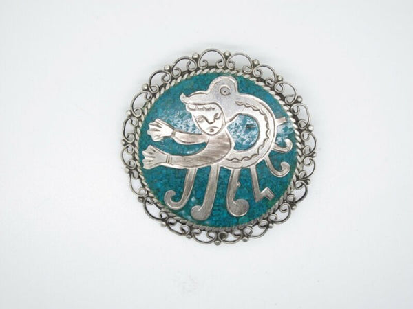 Navajo 925 Sterling Silver LFG & Turquoise Animal Eating Man Ladies Brooch Pin - ZeereeZ