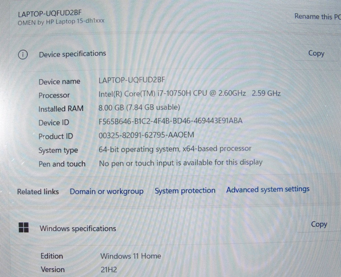 Omen 15 - dh1070wm i7 - 10750H 2.60GHz 8GB 1TB HDD + 256SSD Win 11 Computer - ZeereeZ