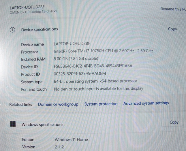 Omen 15 - dh1070wm i7 - 10750H 2.60GHz 8GB 1TB HDD + 256SSD Win 11 Computer - ZeereeZ