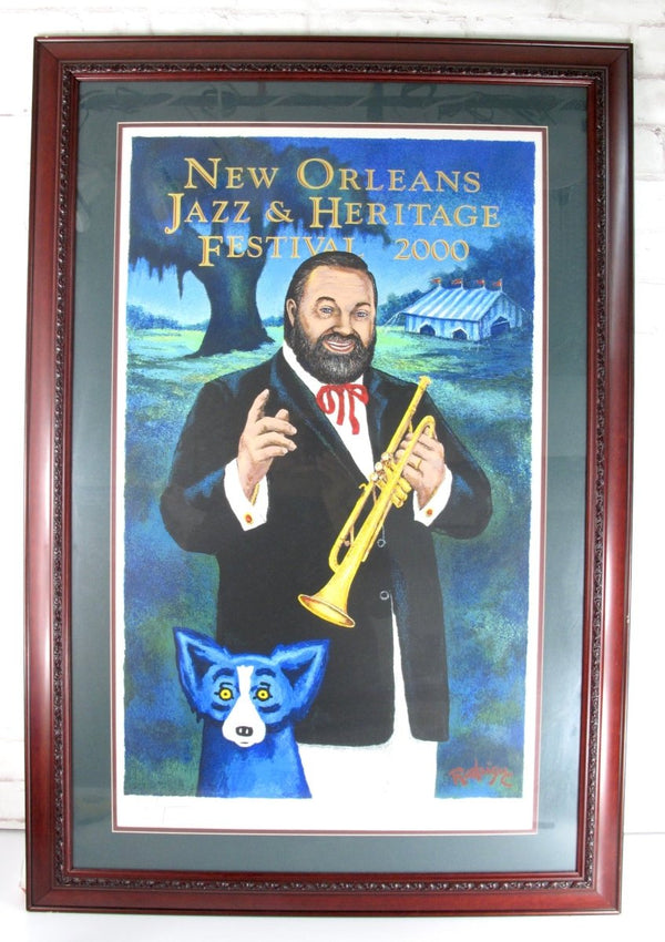 Original New Orleans Jazz Festival 2000 Al Hirt Rodrigue Blue Dog Framed Poster - ZeereeZ