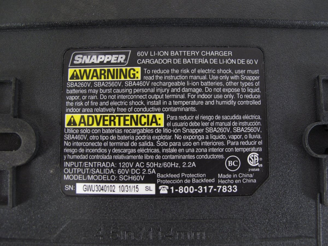 Snapper SCH60V 60V Max Lithium Ion Max Fuel Gauge Battery Charger - ZeereeZ